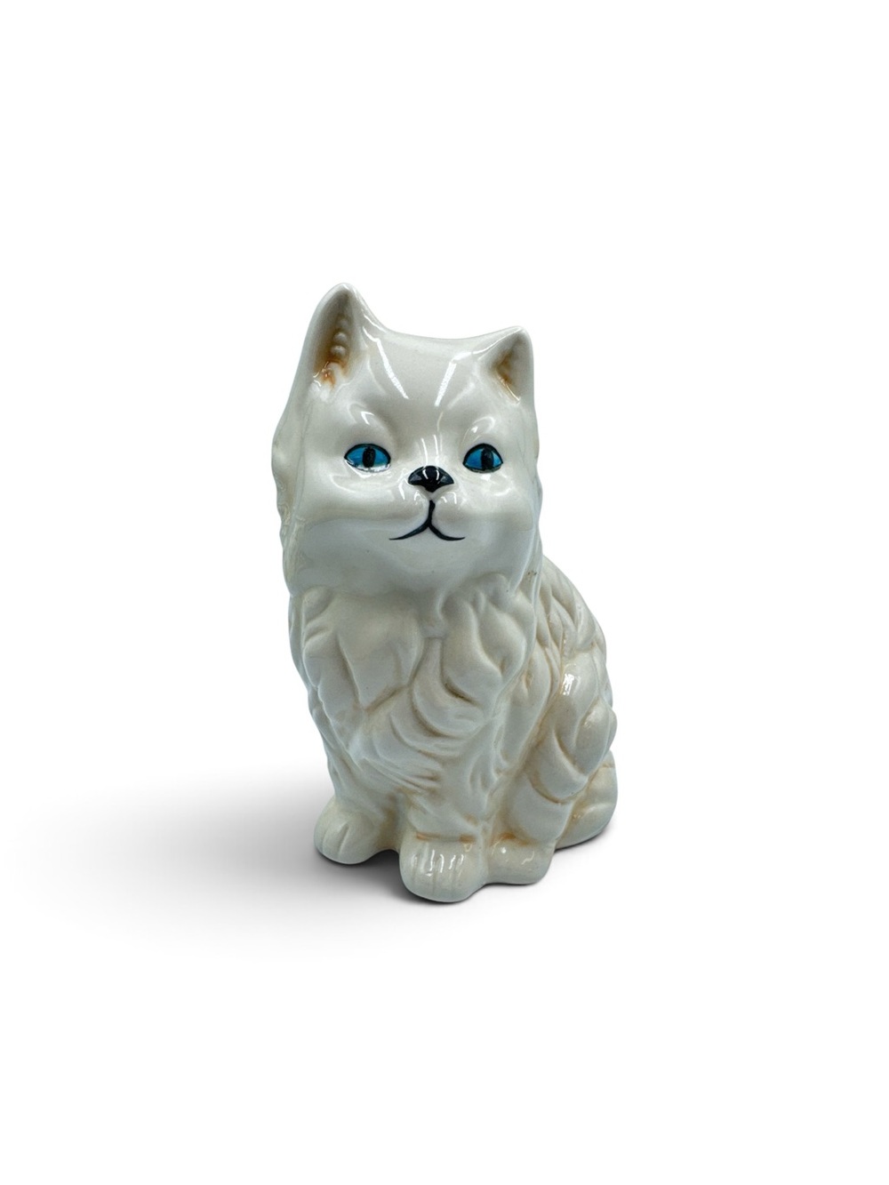 Vintage White Ceramic Persian Cat Figurine Blue Eyes 6.5” MCM Japan Style